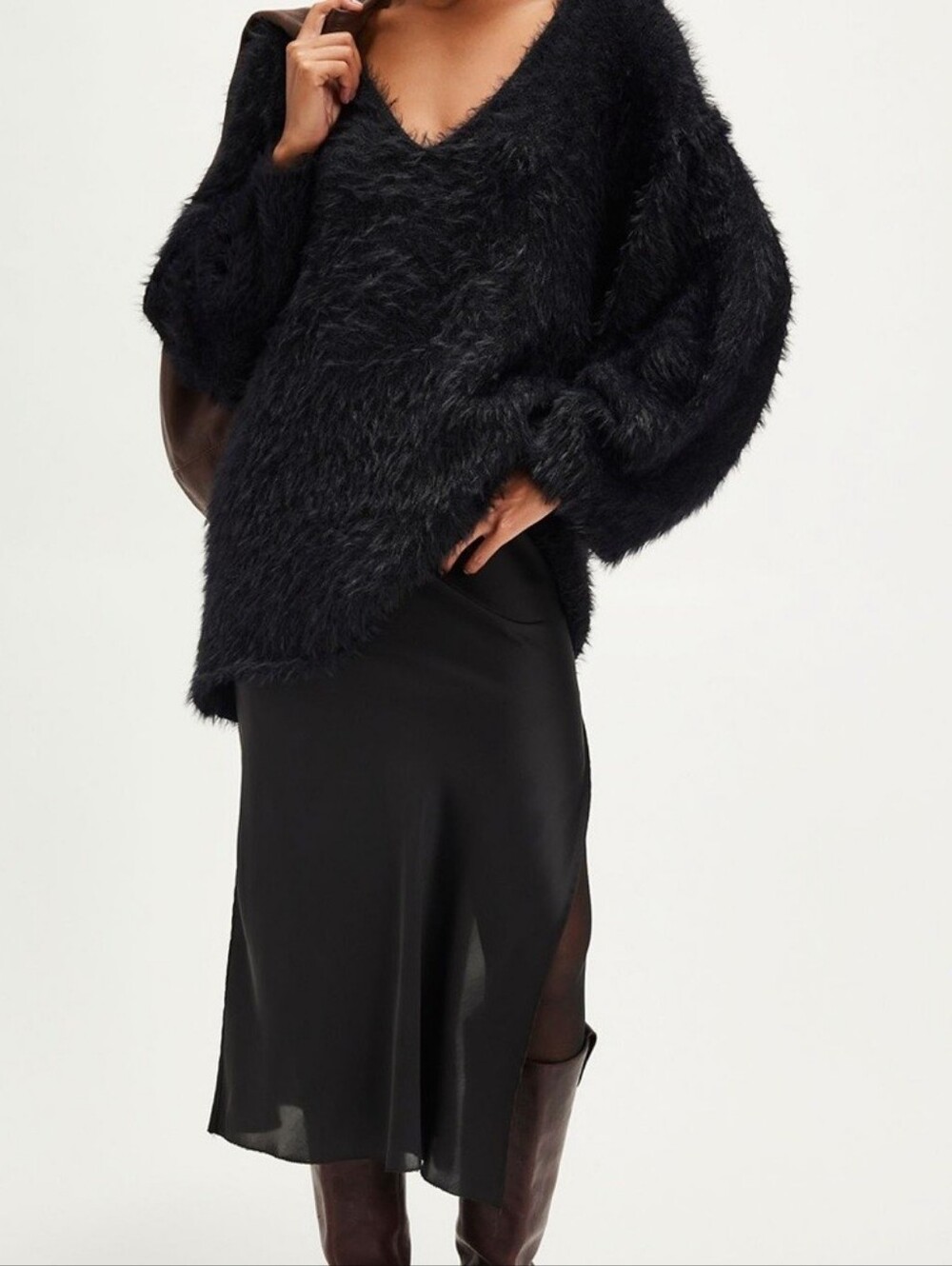 Free People Sparrow Black Sweater Pullover Fuzzy Cozy Oversized Pullover XS